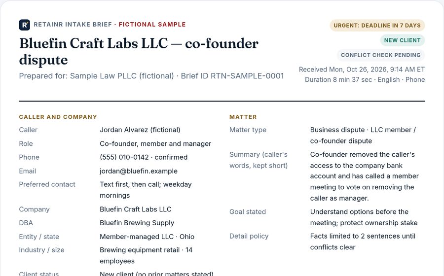 Sample intake brief for the fictional Bluefin Craft Labs LLC member dispute, with urgency, new-client, and conflict-pending tags
